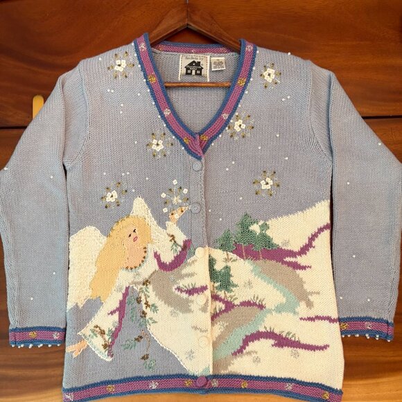 Hand Knit Storybook Cardigan Sweater Ugly Christmas Angel Snow Trees 90s Size M - Picture 7 of 11